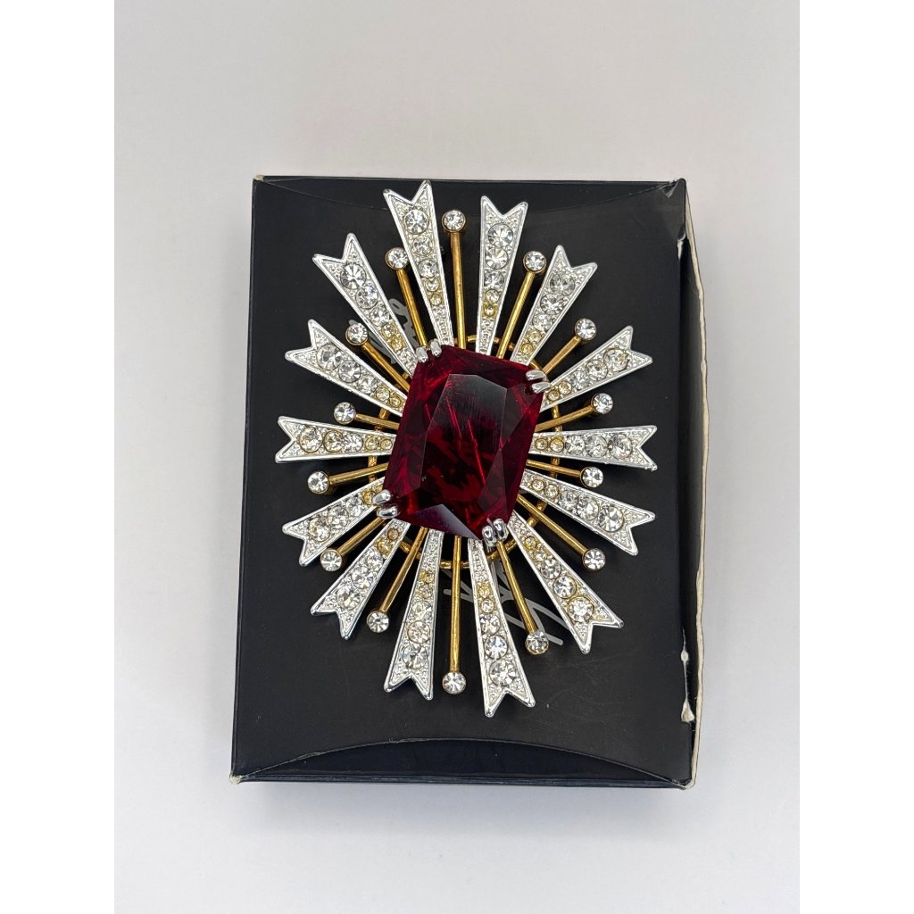 Kenneth Jay Lane Avon Vintage Star Treatment Starburst Ruby Rhinestone Brooch